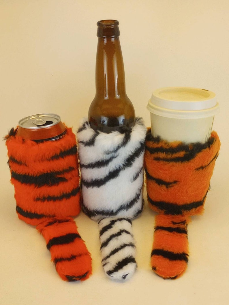 2 qty Faux Fur w/Tail Beverage Insulator CAN/Bottle & CUP Size PocketHuggies Beer, Water, Coffee Bengal Clemson Bearcat Cincinnati image 1