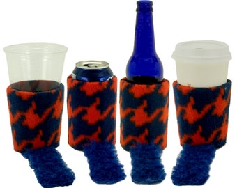 Beverage Insulator #Broncos Fleece w/HorseTail PocketHuggie-Cold/Hot Drinks Solo Cup Beer Soda Coffee Folds 2 Sizes:CUP & CAN/Beer BOTTLE