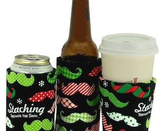 Beverage Insulators 2qty. #Stache PocketHuggie is Handmade & Reusable, Cold/Hot Drinks, 3 SIZES: Cup, Can, Glass Beer Bottle Hard seltzer