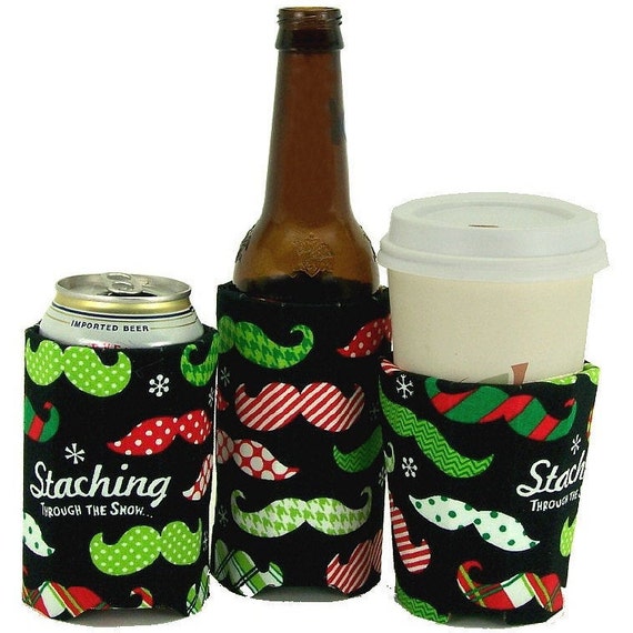 Beverage Insulators 2qty. stache Pockethuggie is Handmade & Reusable,  Cold/hot Drinks, 3 SIZES: Cup, Can, Glass Beer Bottle Hard Seltzer 