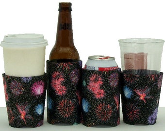 Beverage Insulator Sparkle Fireworks Fabric Pocket Huggie-for Cold/Hot Drinks, Handmade, Reusable, 3 SIZES-Cup, Can, Glass Beer