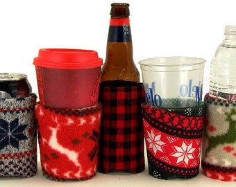 Beverage Insulator Fair Isle Fleece PocketHuggie-Reusable 3 Sizes-CUPS,CANS,GLASS BeerBottle/Hard Seltzer #Coffee #Solocup #Pints