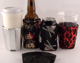 Beverage Insulators 4qty Assorted #Skull #Rock #Ecofriendly Fabric PocketHuggie-Cold/Hot Cups Coffee Beer 3 SIZES-CAN,CUP, Skinny Can/Bottle