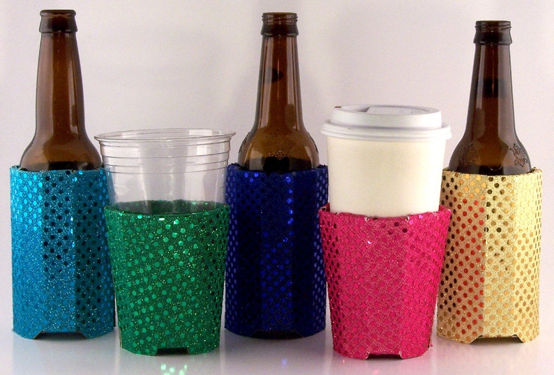 Beverage Insulator Sequin Fabric PocketHuggie-EcoFriendly Reusable, Cold/Hot, Solo Cup, Starbucks, Water-3 SIZES Skinny CanWeddings image 2
