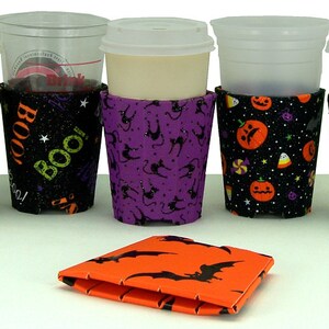 Beverage Insulators 6 Assorted #Halloween Fabric Pocket Huggie - Cold/Hot Drinks,Starbucks,Beer,Reusable, 3 Sizes- CUP,CAN,Glass Beer Bottle