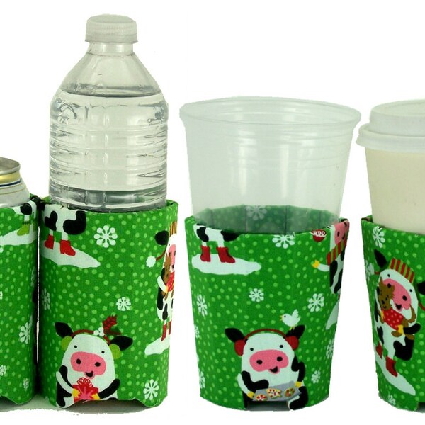 Beverage Insulators 2 #Christmas #Cows #Pigs PocketHuggie-#Ecofriendly Reusable, Cold/Hot Drinks, 3 SIZES: #CUP #CAN #GlassBeerBottle