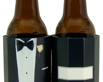 Glass Beer Bottle(2) Beverage Insulators- #Formal #Tuxedo Printed PocketHuggies-Reusable, Eco-Friendly, Folds, Works like MAGIC Hard Seltzer