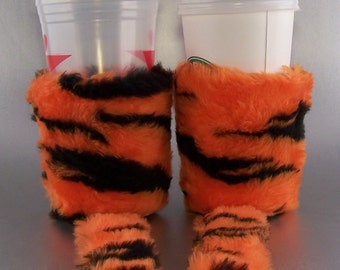 Faux Fur w/Tail Beverage Insulator PocketHuggie - Cold/Hot Cup,Solo Cup,Coffee Folds 3 Sizes #Bengals #Bearcats #Tigers #Clemson #Cincinnati