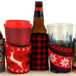 Beverage Insulators 4 SkiSweater PocketHuggies-Handmade, Eco-Friendly, Cold/Hot 3 sizes-GlassBeer BOTTLE Skinny Can, CAN, CUP Size image 1