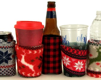 Beverage Insulators 4 #SkiSweater PocketHuggies-Handmade, Eco-Friendly, Cold/Hot 3 sizes-GlassBeer BOTTLE Skinny Can, CAN, CUP Size