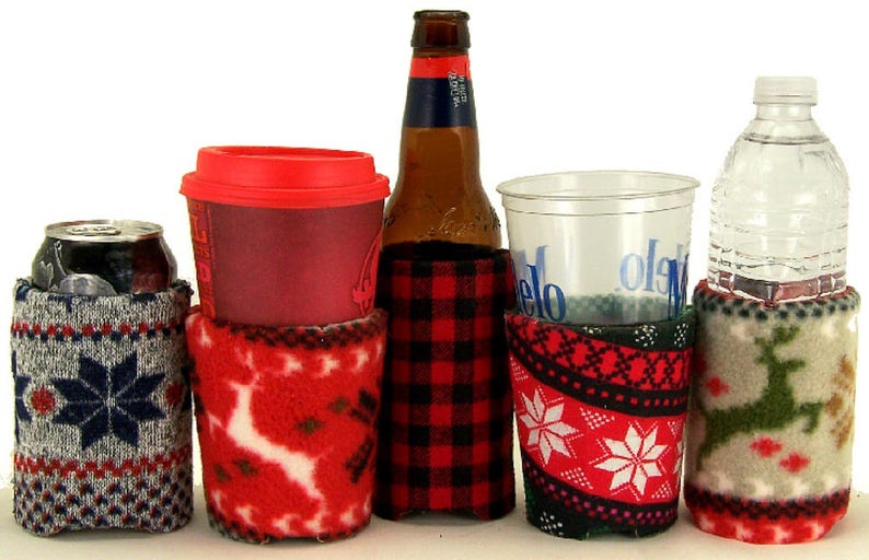 Beverage Insulators 4 SkiSweater PocketHuggies-Handmade, Eco-Friendly, Cold/Hot 3 sizes-GlassBeer BOTTLE Skinny Can, CAN, CUP Size image 1