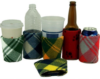 School Fleece Fabric Beverage Insulator PocketHuggie-Starbucks Cold/Hot, Solo Cups,Folds-3 Sizes-Cup,Can,GlassBeer Bottle