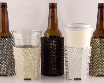 Beverage Insulator Sequin Fabric PocketHuggie-EcoFriendly Reusable, Cold/Hot, Solo Cup, Starbucks, Water-3 SIZES Skinny Can#Weddings