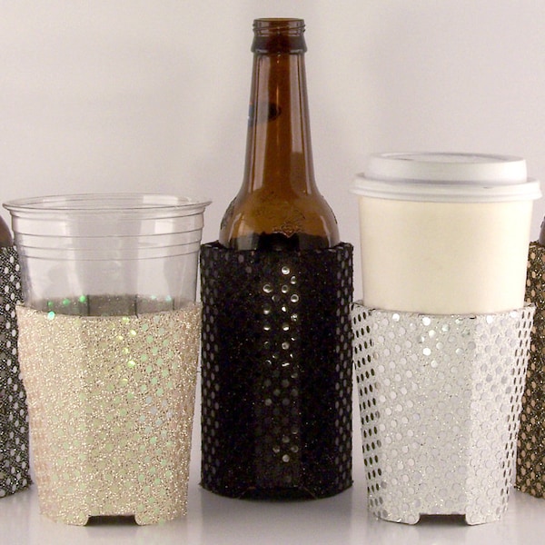 Beverage Insulator Sequin Fabric PocketHuggie-EcoFriendly Reusable, Cold/Hot, Solo Cup, Starbucks, Water-3 SIZES Skinny Can#Weddings