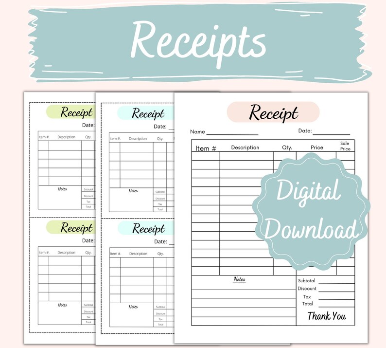 Receipt Template Printable Receipt Book Easy Download Small Business Receipts Easy Printables ...