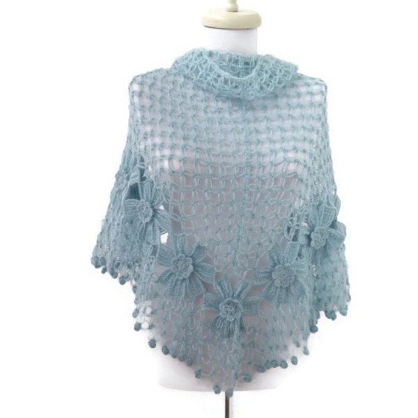 pale blue mohair scarf - shawl flower garden