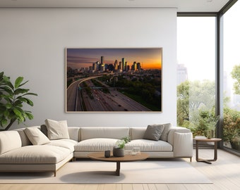 Aerial View of Downtown Houston Skyline and Be Someone Mural at Sunset - Landscape Photography - Fine Art Photograph