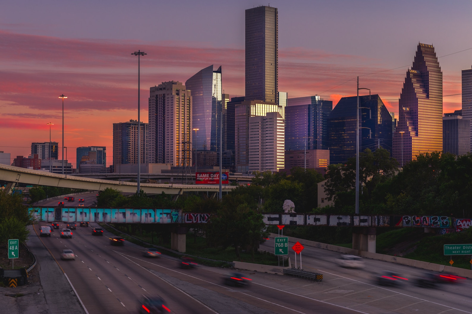 Downtown Houston Skyline and Be Someone Mural at Sunset November 2019