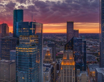 12" x 48" Panorama - Downtown Houston Skyline at Sunset - March 2019 - Fine Art Panoramic Photograph