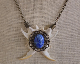 Muskrat jaw bone necklace with filagree accents.  Bone jewelry. brass and bone. bone necklace