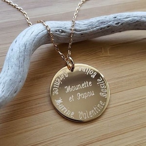 Collar de grabado, cadena y medalla redonda de 27 mm, joya chapada en oro personalizada, collar personalizable
