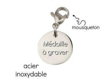 Charm mousqueton à graver • pendentif médaille ronde • taille au choix • en acier inoxydable • polissage effet miroir • avec ou sans gravure