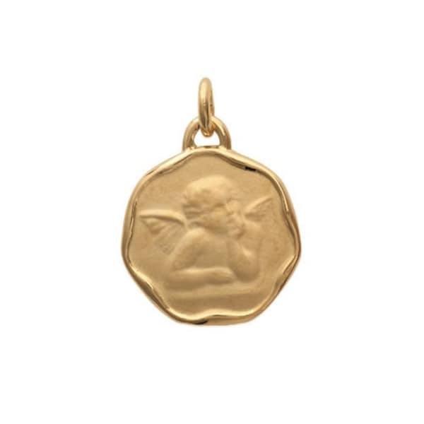 Pendentif à graver médaille ange baptême 17 mm ronde en plaqué or