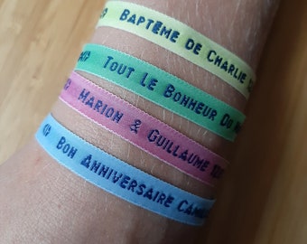 Bracelets tissé messages texte personnalisé • étiquettes tissées • ruban brodé à personnaliser • cadeau d'invités pour fêtes de famille