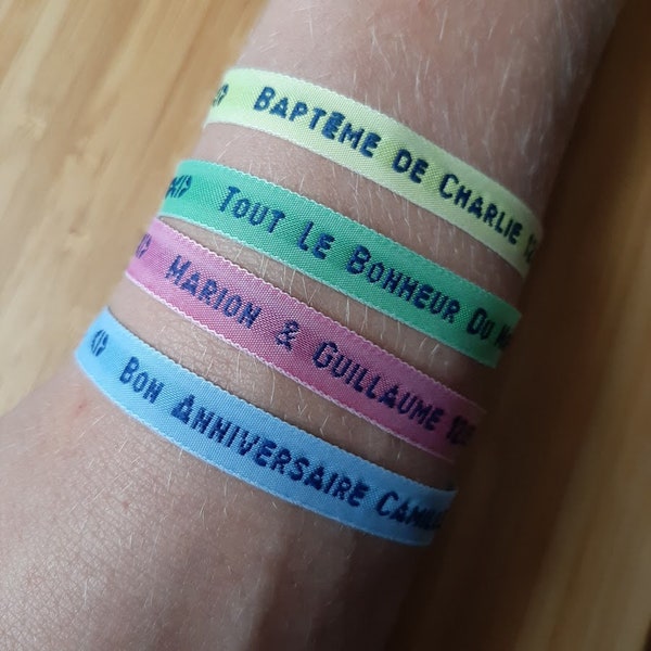 Bracelets tissé messages texte personnalisé • étiquettes tissées • ruban brodé à personnaliser • cadeau d'invités pour fêtes de famille