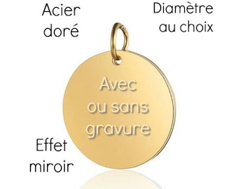 Pendentif à graver • médaille ronde • taille au choix • en acier inoxydable doré • polissage effet miroir • avec ou sans gravure