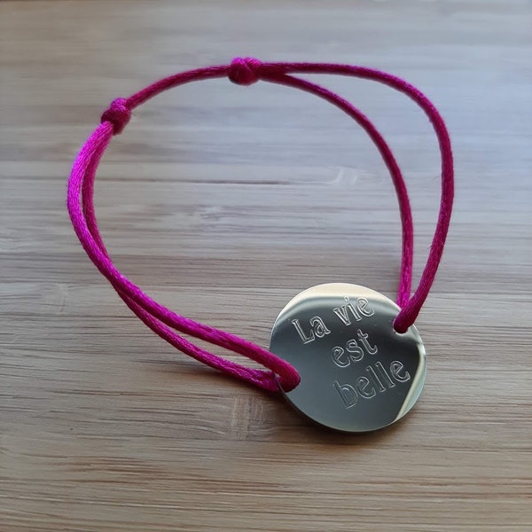 Bracelet La vie est belle médaille ronde 20 mm à graver personnalisé en acier inoxydable avec ou sans gravure texte au choix