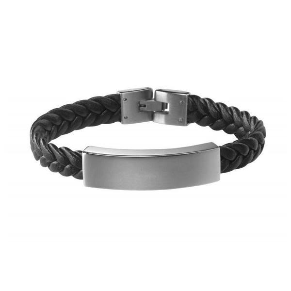 Bracelet gourmette à graver en cuir noir tressé et acier fermoir 19 à 21 cm avec ou sans gravure