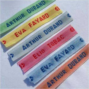Lot of sewing labels, first name and surname, personalized woven text, choice of color, vintage style ribbon, clothing and household linen marking