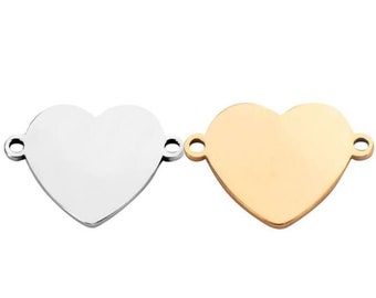 Heart to be engraved - 2-hole connector - silver or gold stainless steel - mirror-looking - with or without engraving