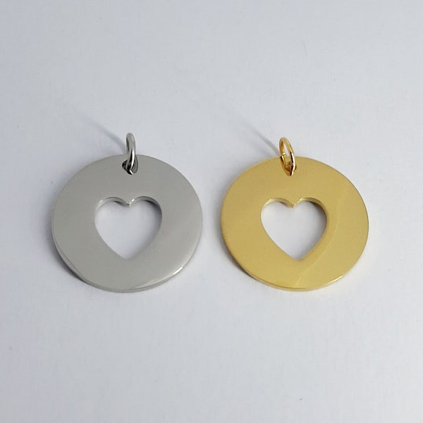 Pendant to engrave • round medal with heart hole • stainless steel • mirror polishing • with or without engraving