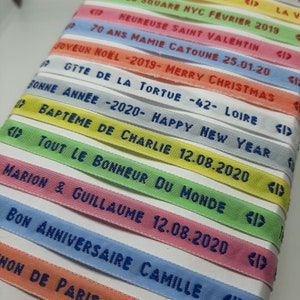 Lote de etiquetas de costura, nombre, nombre, fabricación de pulseras, mensaje tejido personalizado, color a su elección