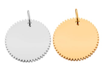 Pendentif à graver • médaille ronde dentelée • 20 mm • en acier inoxydable • polissage effet miroir • avec ou sans gravure