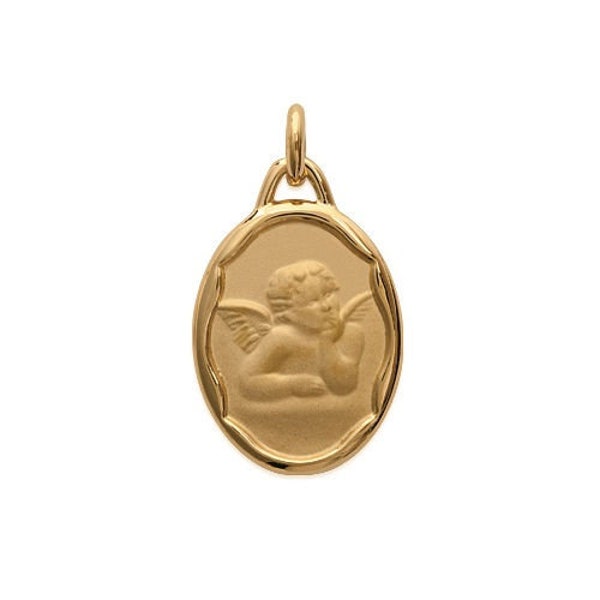 Pendentif à graver médaille ange baptême 14 x 19 mm ovale en plaqué or avec ou sans gravure