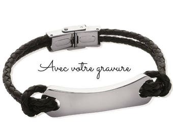 Chain bracelet plate engraved braided black leather and steel clasp 21 cm