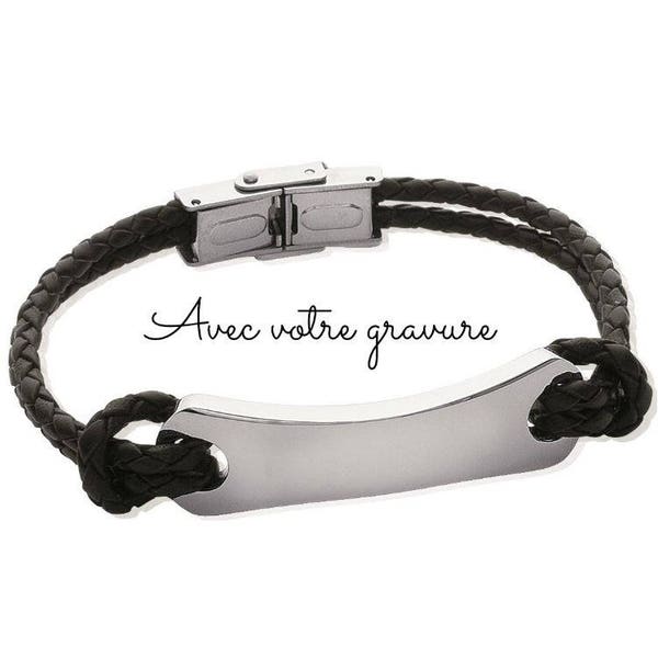 Bracelet gourmette plaque à graver en cuir noir tressé et acier fermoir 21 cm