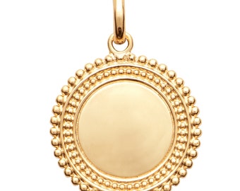 Pendentif 18 mm à graver médaille ronde double pointillés en plaqué or jaune avec ou sans gravure