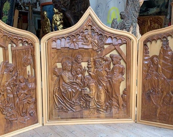 NATIVITY WOODCARVING WINGALTAR, Estatua en relieve, Escultura tallada a mano, Natividad antigua, Altar religioso notable hecho a mano en madera