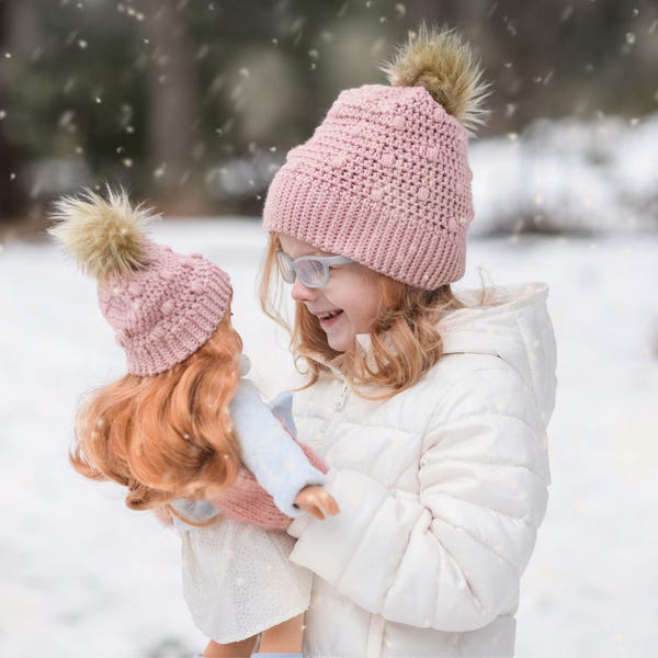 Doll and Me hats/ doll hats/matching doll hats/ doll and me outfit/ Girls winter hat/ blush pink hat/ pom pom hat/ crocheted hat/