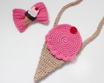 Ice cream cone purse/ Ice cream cone bow/ Ice cream gift/ Girls purse/ Girls bows/ Summer outfit/