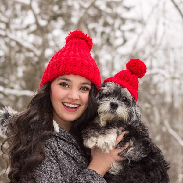 Matching dog and me hats/ dog hat/ pet hats/ matching hats/ dog accessories/ pom pom hat/ red hat/ dog lover/