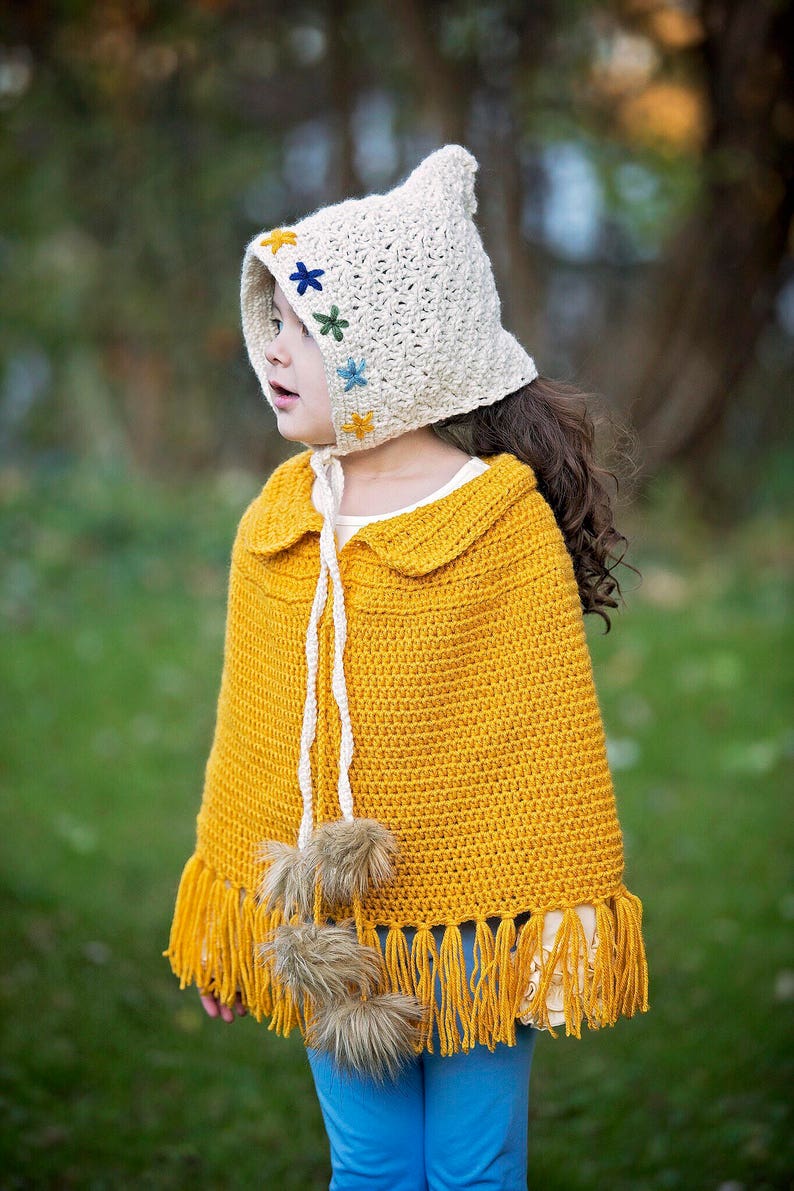 Mustard poncho girls ponch crocheted poncho fall poncho sweater girls outfit