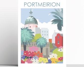 PORTMEIRION WALES Art Print,  Artist Print by Betty Boyns, Harbour, Seaside, Beach, Sea, Devon, travel print/ poster