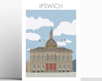 Ipswich Town Hall  Framed or Unframed  Art Print, Illustration, Seaside, Beach,  travel print/ poster wall art