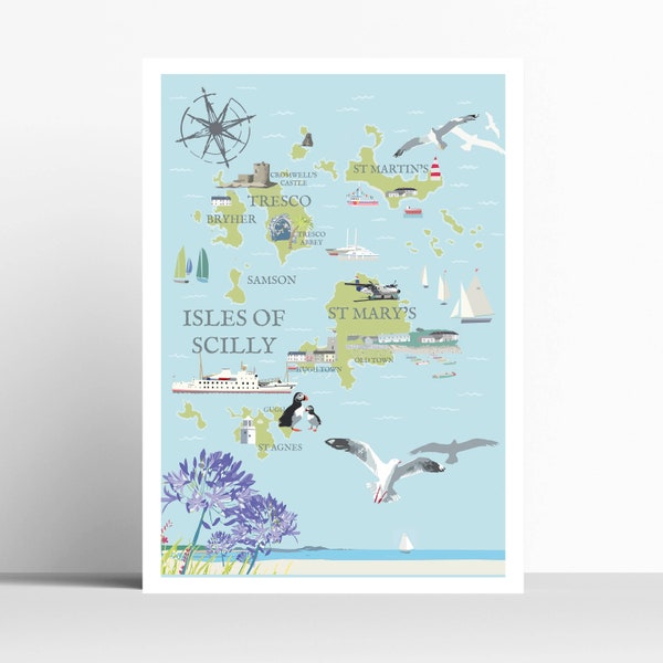 Carte des îles Scilly, Cornouailles, impression d'art numérique encadrée, impression de voyage/affiche, idée cadeau