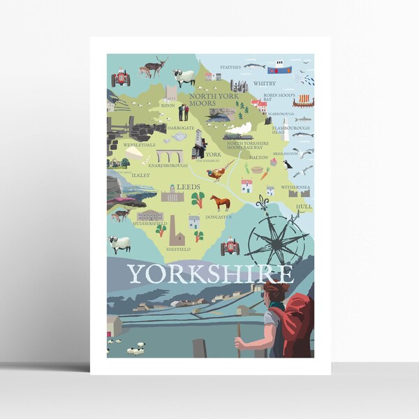 Illustrated Map of  Yorkshire Art Print,  Artist PrintTravel Print Poster Birthday Gift House Warming Present Travel Decor